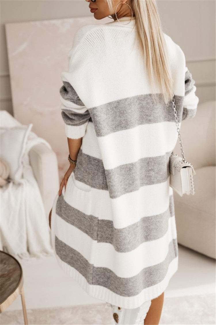 Damen lässiger Strickmantel mit großen Streifen Heidi-Mode