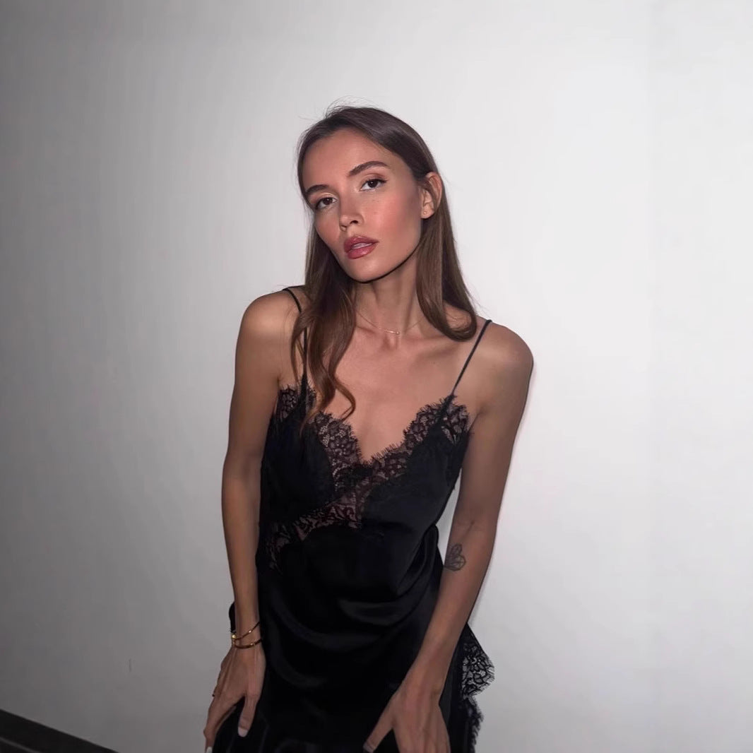 Damen Spitzenverziertes Seidenslipkleid Heidi-Mode