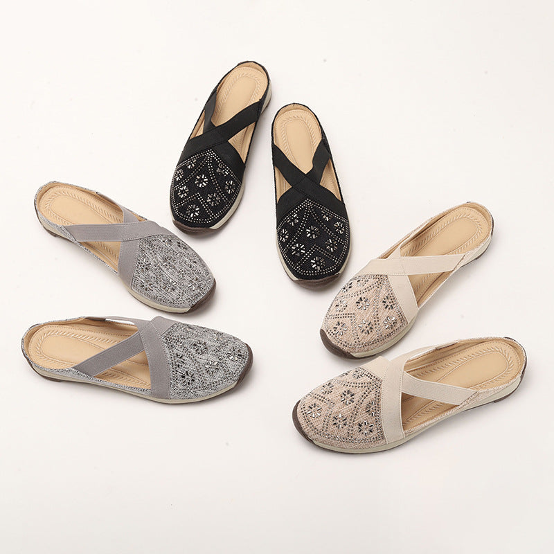 Damen Slipper mit modischer Applikation und elastischen Riemen Heidi-Mode