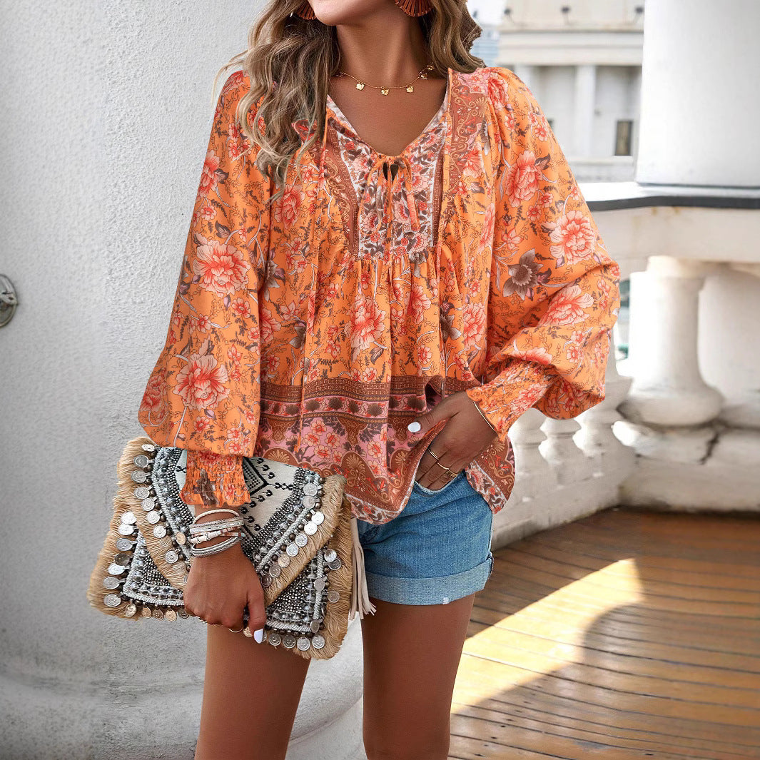 Damen Boho-Bluse mit Schleifenverzierung und floralen Mustern Heidi-Mode
