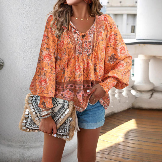 Damen Boho-Bluse mit Schleifenverzierung und floralen Mustern Heidi-Mode