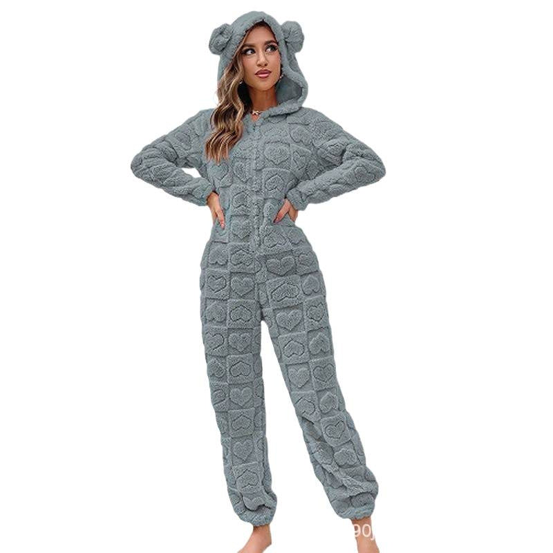 Damen Gemütlicher Fleece-Overall mit Kapuze Heidi-Mode