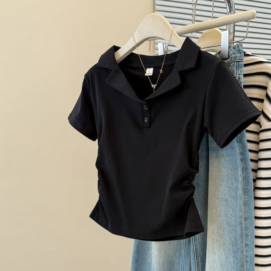 Damen Polo Stil Kurzarm-Top mit Knopfleiste Heidi-Mode