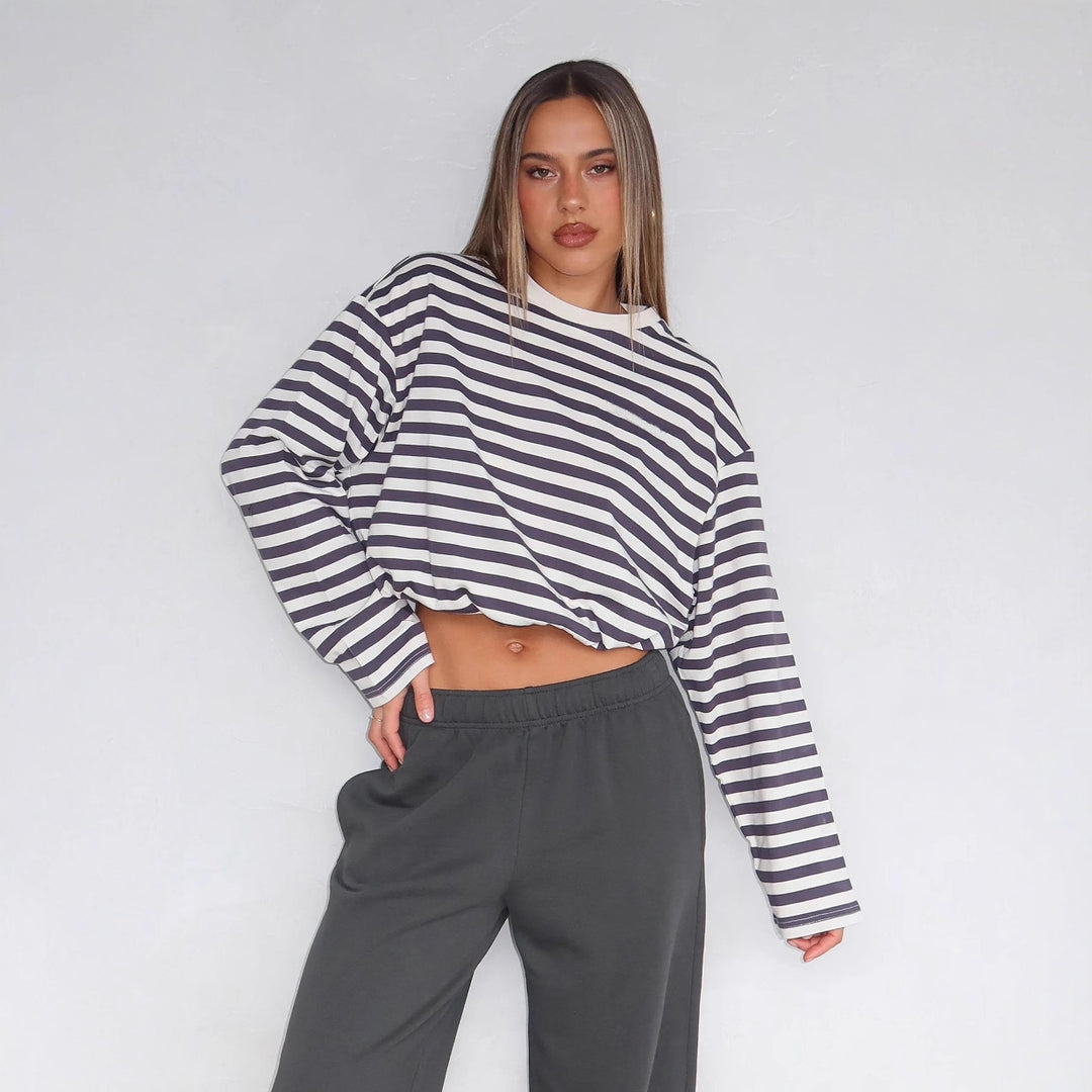 Damen lässiger gestreifter Crop-Pullover mit Kordelzug Heidi-Mode