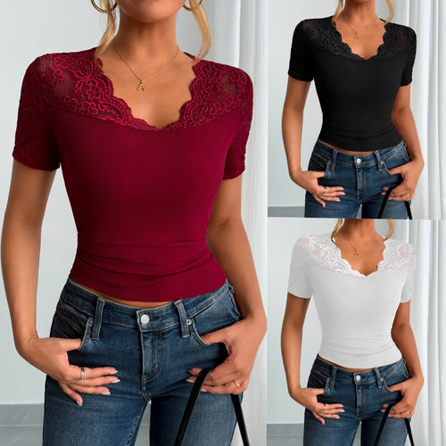 Heidi Mode | Ausschnitt Manschetten Spleißen Spitze Spitze Kurze Ärmel