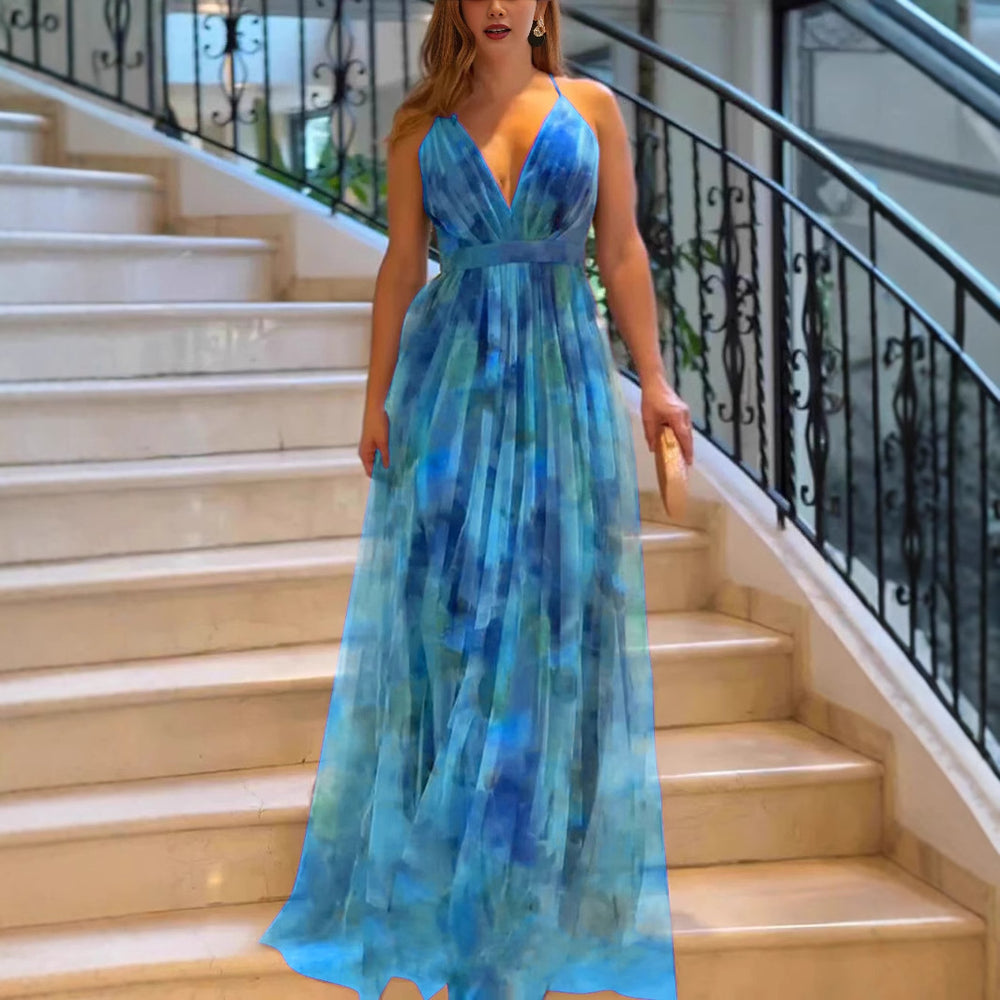 Damen Maxi-Kleid mit tiefem V-Ausschnitt und schwingendem Rock Heidi-Mode