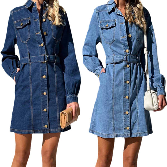 Damen Jeanshemd Kleid mit tailliertem Schnitt und Gürtel Heidi-Mode