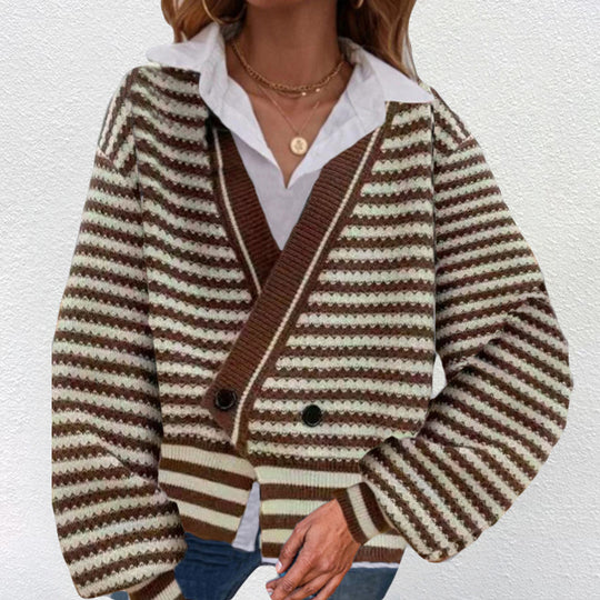 Damen Grobstrick Cardigan mit V-Ausschnitt und modernen Streifen Heidi-Mode