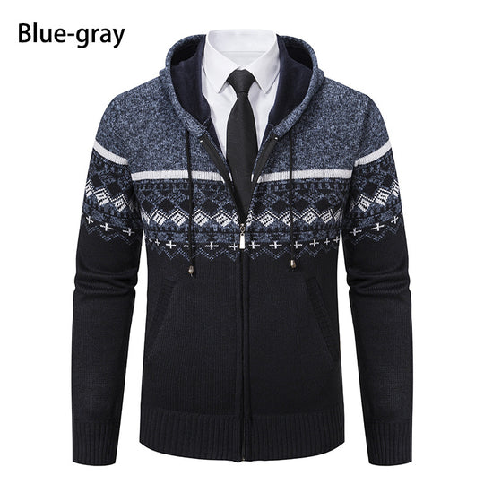 Herren stilvolle Strickjacke mit Kapuze und Norweger-Muster Heidi-Mode