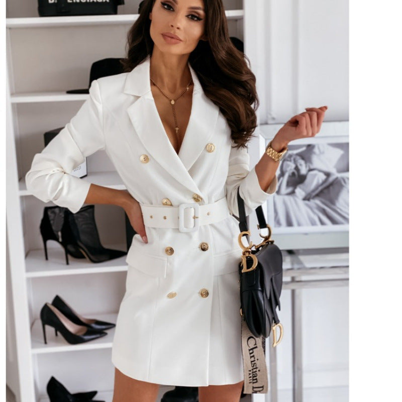 Damen doppelt knopf-beschichtetes Gürtel Mini Blazer Kleid Heidi-Mode