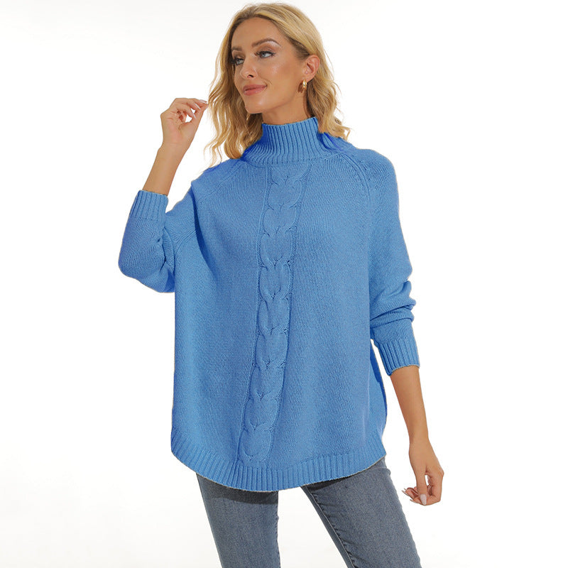 Damen gemütlicher Strickpullover mit hochgeschlossenem Kragen und modischem Zopfmuster Heidi-Mode