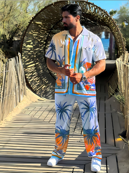 Herren Strandhemd und Hose im tropischen Palmen-Design mit kurzärmligem Schnitt Heidi-Mode