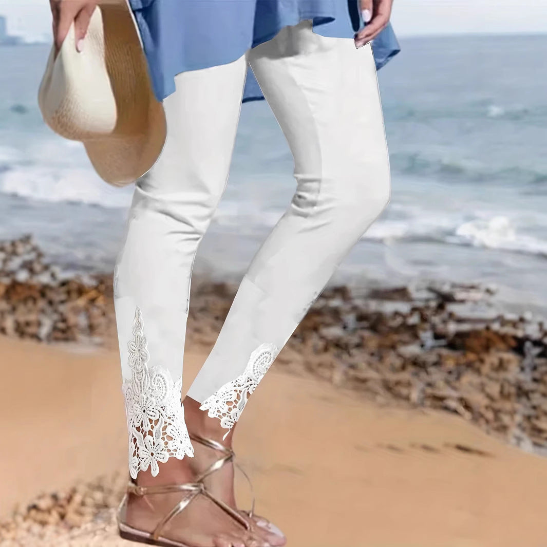 Damen Leggings mit spitzenbesetztem Saum und elastischem Bund Heidi-Mode