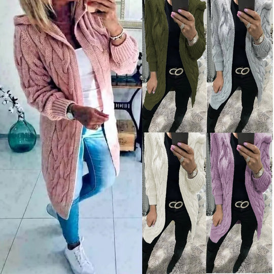 Damen Grobstrick-Cardigan mit Kapuze und Zopfmuster Heidi-Mode