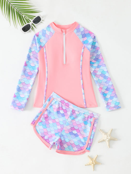 Damen Surfanzug-Set mit langer Raglanärmel und farbenfrohem Schuppenmuster Heidi-Mode