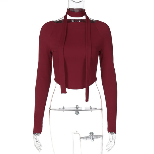 Damen Cropped Langarmshirt mit dekorativem Halstuch Heidi-Mode