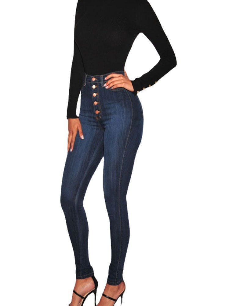 Damen High-Waist Skinny-Jeans mit Knopfdesign und figurbetontem Schnitt Heidi-Mode