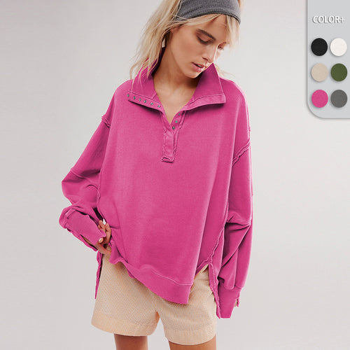Damen Oversize Pullover mit Kragen und Druckknöpfen Heidi-Mode