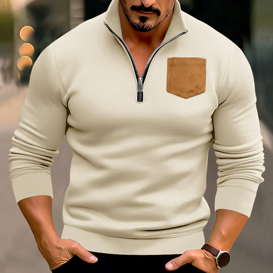 Herren sportlicher Pullover mit halbem Reißverschluss und kontrastierender Brusttasche Heidi-Mode