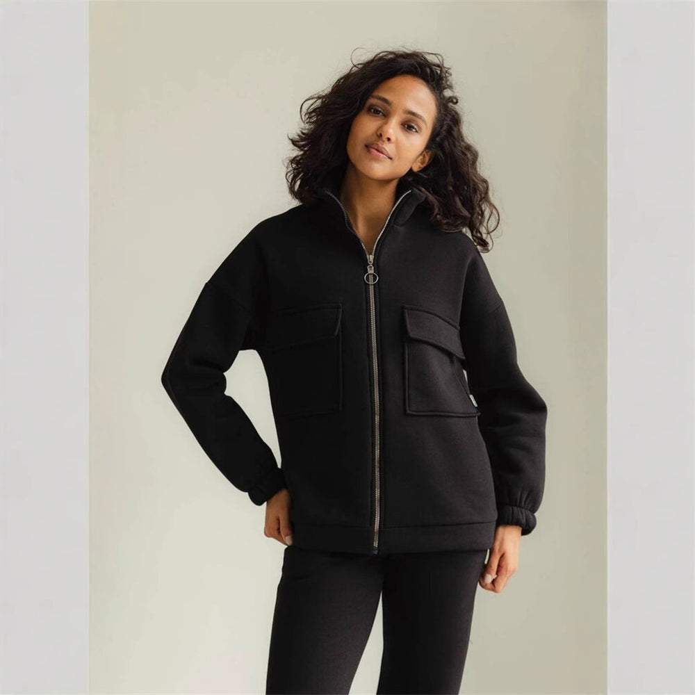 Damen bequeme Fleece-Jacke mit hohem Kragen und praktischen Taschen Heidi-Mode
