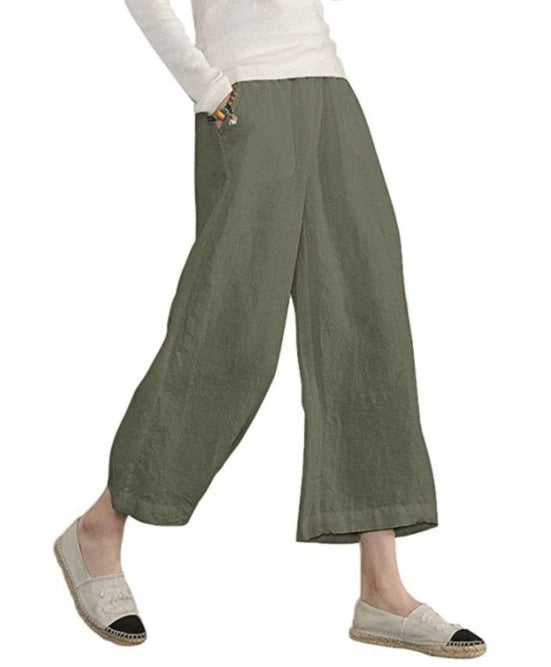 Damen weite Leinenhose mit seitlichen Taschen und elastischem Bund Heidi-Mode