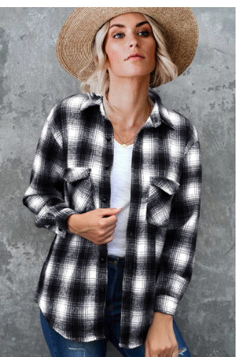 Damen Gestreifte Flanell-Bluse mit zwei Brusttaschen Heidi-Mode