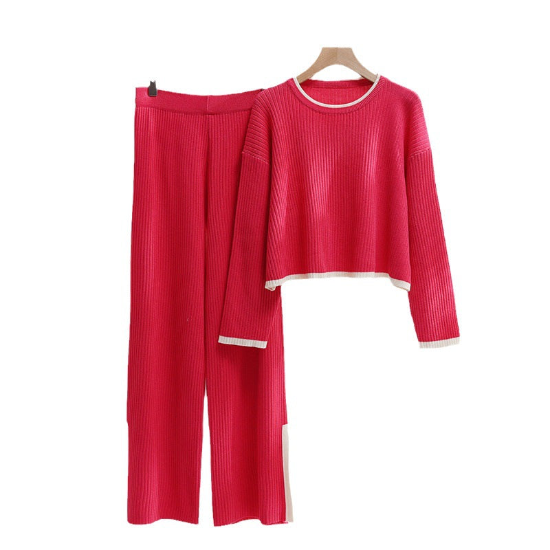 Damen lässiges Strickensemble mit hohem Bund und kontrastierenden Bündchen Heidi-Mode