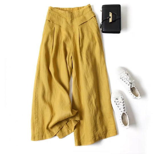 Damen Weit geschnittene Leinenhose mit hohem Bund und eleganten Falten Heidi-Mode