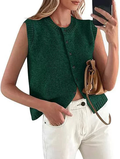 Damen lässige Strickweste mit Knopfleiste und Rundhalsausschnitt Heidi-Mode