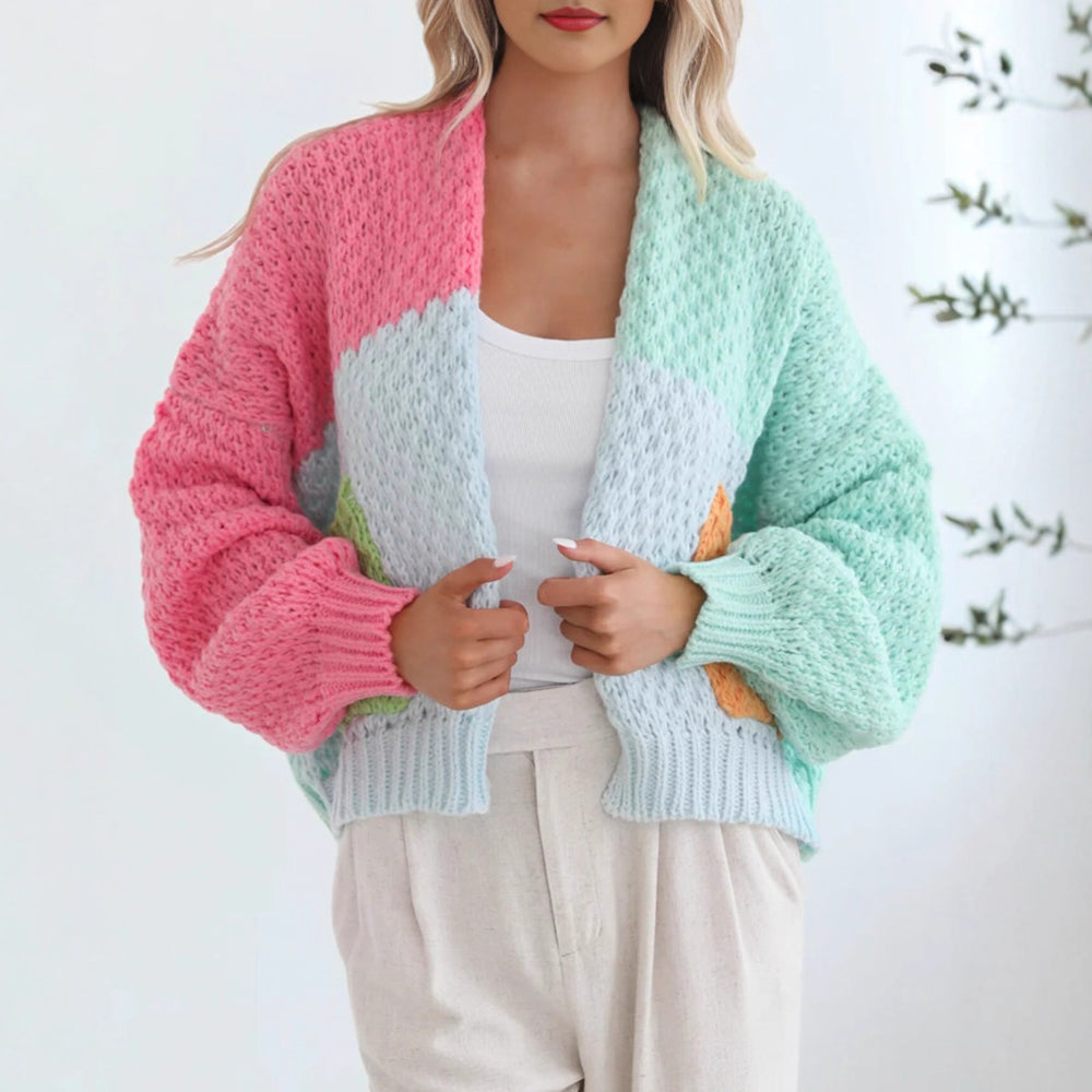 Damen kuschelige Strickjacke mit oversized Ärmeln und Farbkombination Heidi-Mode