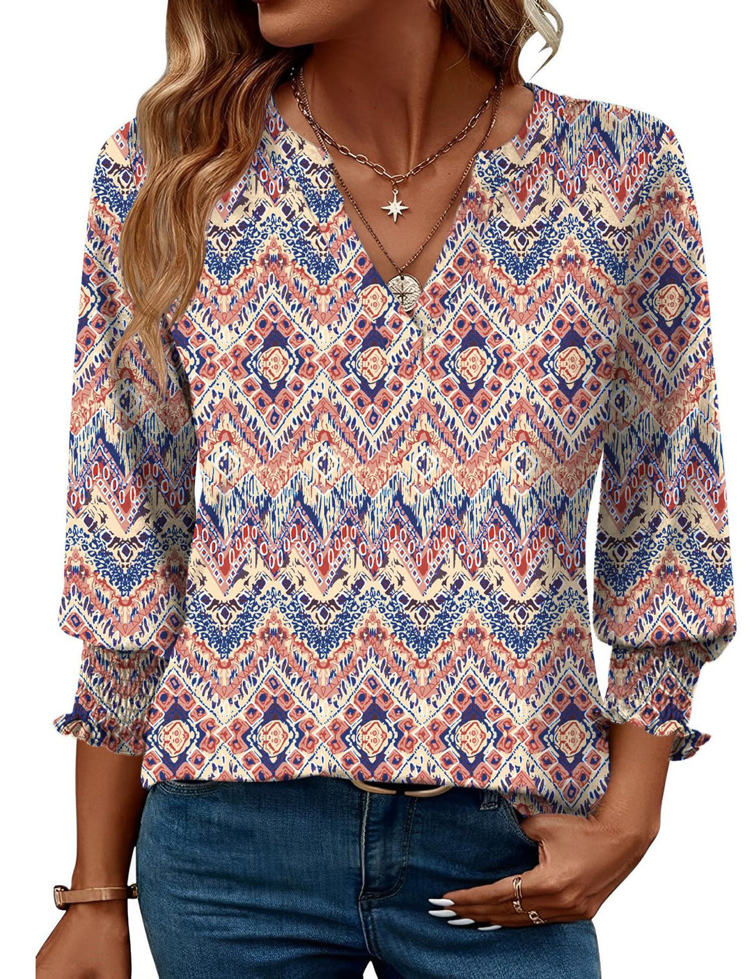 Damen modische Bluse mit verspieltem Paisleymuster und Rüschendetails Heidi-Mode