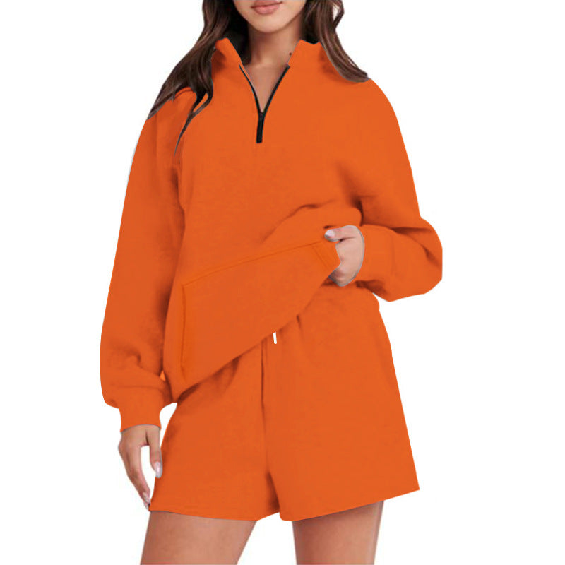 Damen Lässiger Sweatshirt-Set mit hochschließendem Kragen und kurzen Shorts Heidi-Mode
