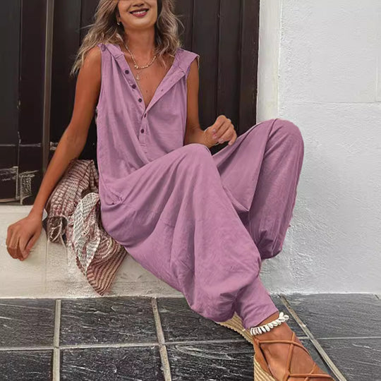 Damen Lässiger Jumpsuit mit Kapuze und Knopfdetails Heidi-Mode