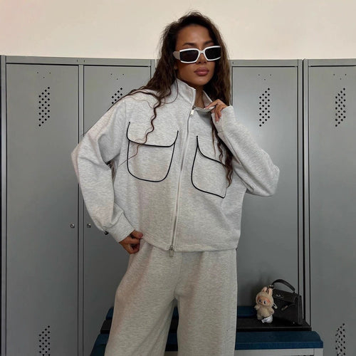 Damen lässiges Sport-Loungewear-Set mit praktischen Taschen und hohem Kragen Heidi-Mode