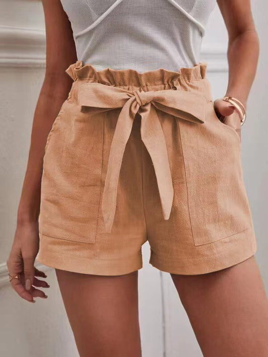 Damen elegante Leinen-Shorts mit Bindegürtel und breitem Bund Heidi-Mode