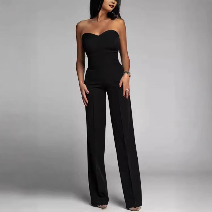 Damen schulterfreier Jumpsuit mit elegantem Herz-Ausschnitt und weitem Bein Heidi-Mode