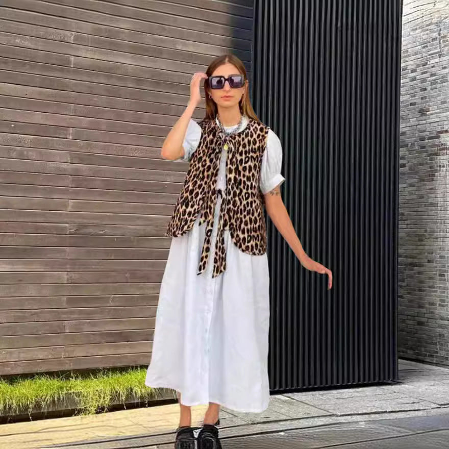 Damen modische Weste mit Schleifen-Design und Leo-Muster Heidi-Mode
