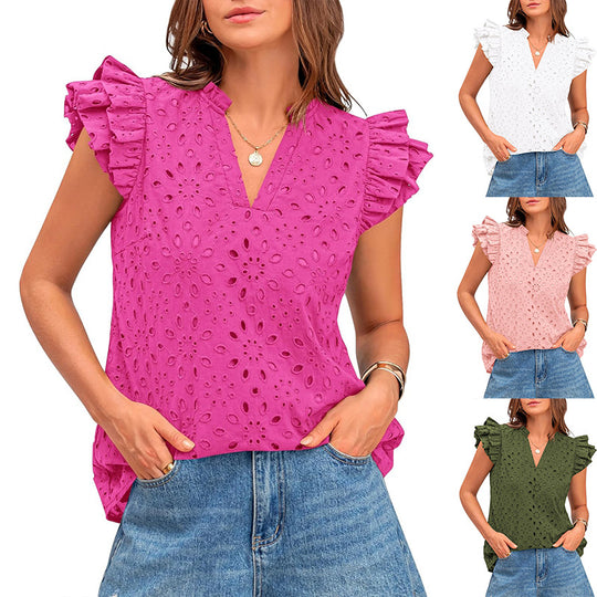 Damen Bluse mit Rüschenärmel und floralem Lochmuster Heidi-Mode