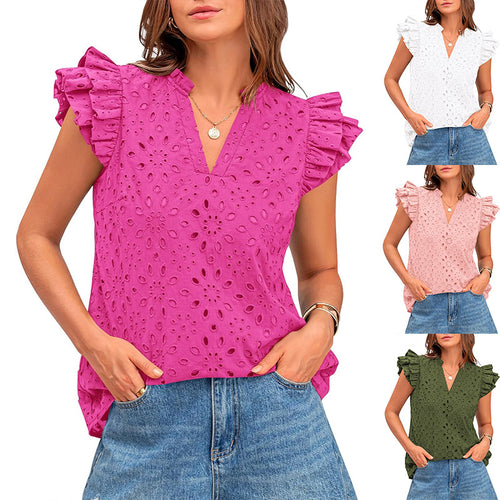 Damen Bluse mit Rüschenärmel und floralem Lochmuster Heidi-Mode