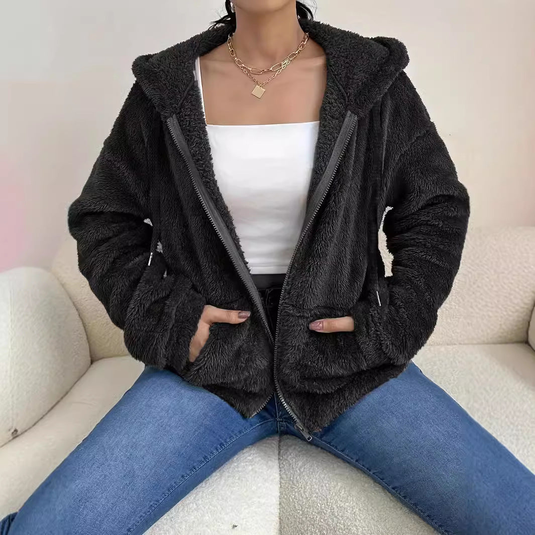 Damen kuschelige Fleecejacke mit Kapuze und seitlichen Taschen Heidi-Mode
