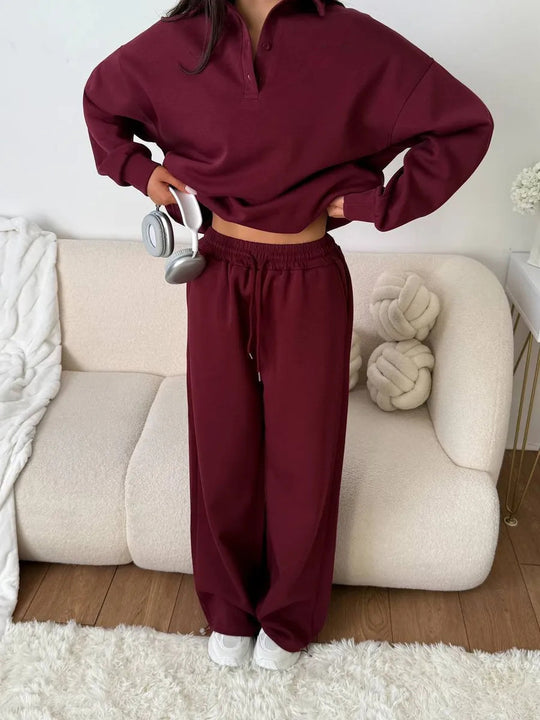 Damen bequemer Polopullover und entspannte Hose Set Heidi-Mode