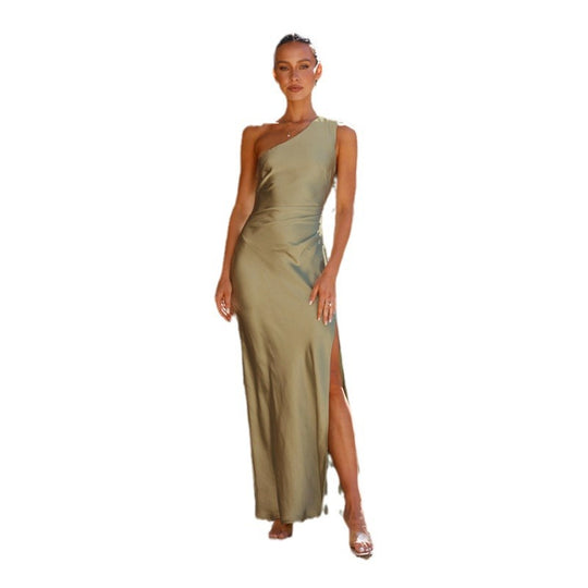Damen Maxikleid mit asymmetrischem Design und elegantem Satin-Finish Heidi-Mode