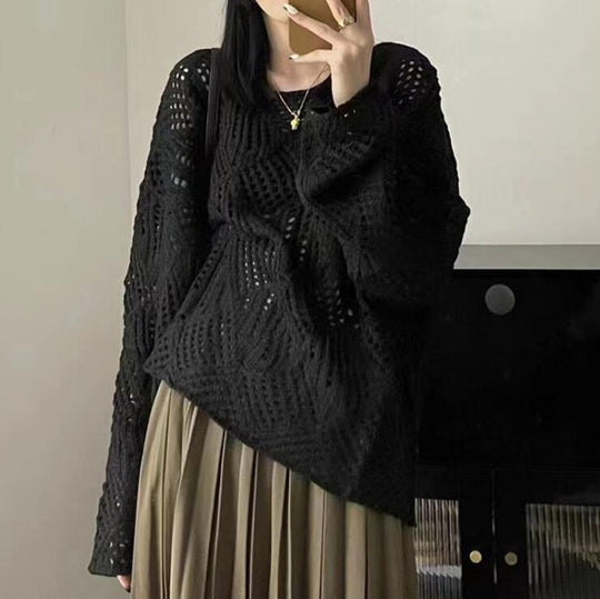 Damen Grobstrick Pullover mit innovativem Lochmuster und lässigem Schnitt Heidi-Mode