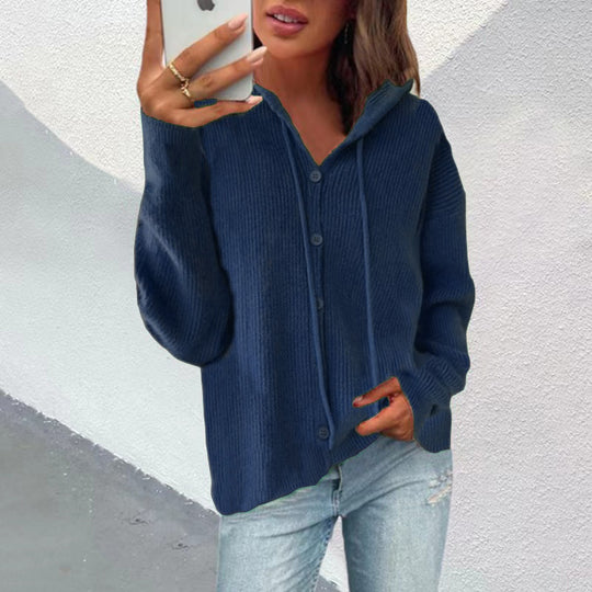 Damen Strickjacke mit Kapuze und Knopfleiste Heidi-Mode