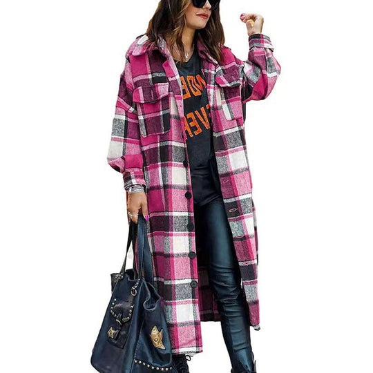 Damen Langarm-Wolljacke mit Karomuster und praktischen Taschen Heidi-Mode
