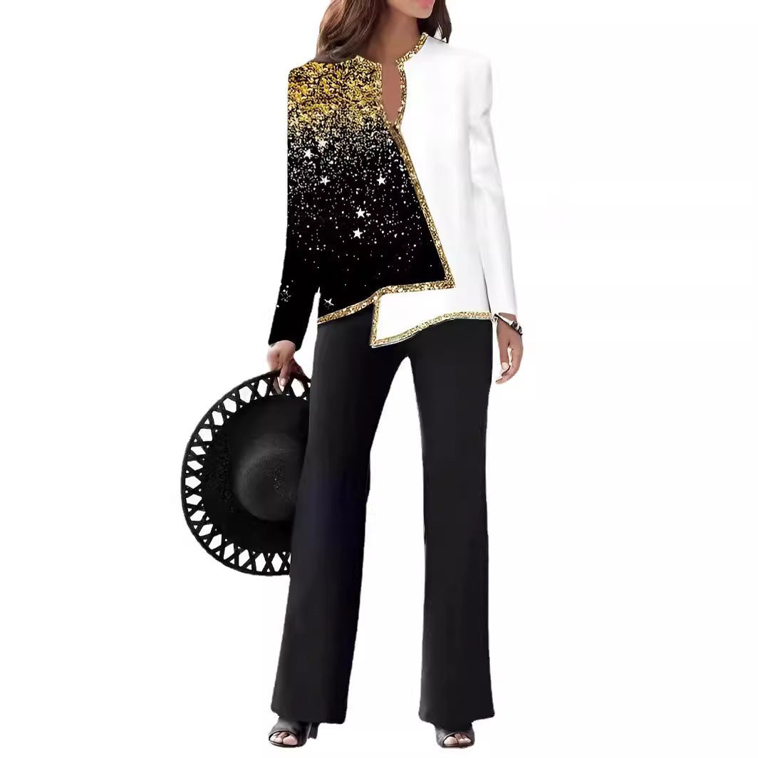 Heidi-Mode | 3D Digitaldruck V-Ausschnitt asymmetrisches Shirt- und Hosen-Set