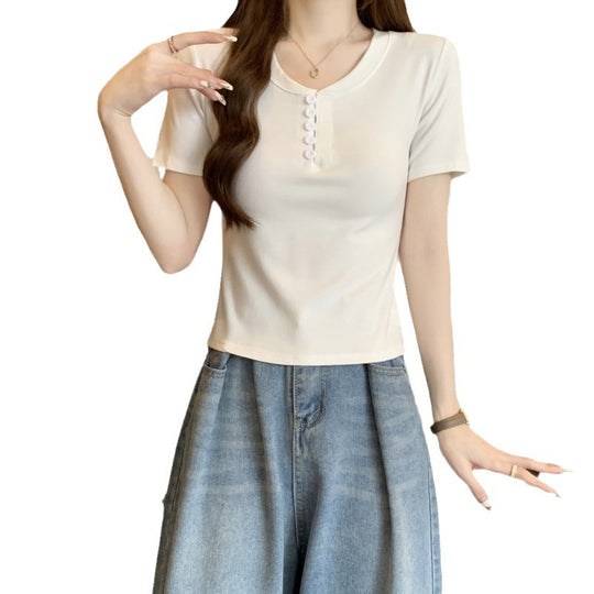 Femme Fitted Kurzarmpullover Henley Top Heidi-Mode