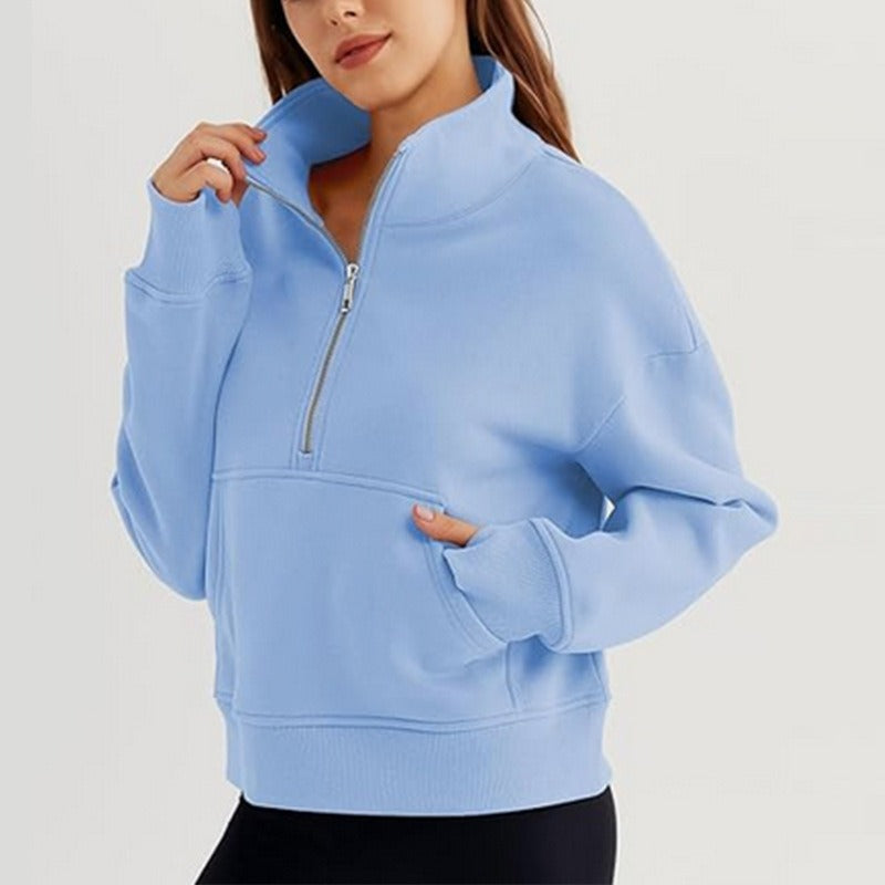 Damen lässiger Pullover mit hohem Kragen und kurzer Reißverschluss Heidi-Mode