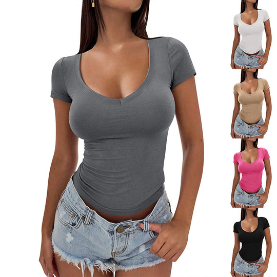 Damen figurbetontes V-Ausschnitt T-Shirt aus weichem Stretchmaterial Heidi-Mode
