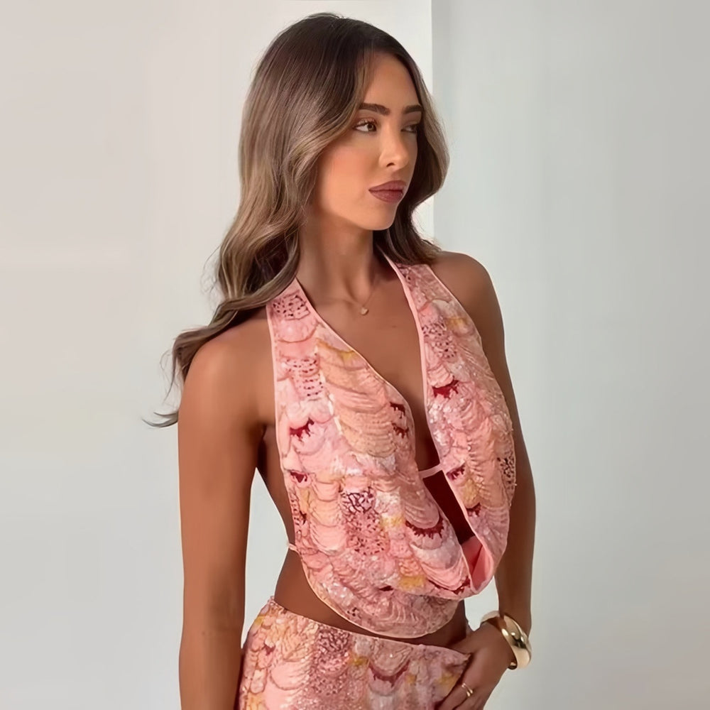 Damen Glamouröses Strand-Set aus schimmerndem Stoff mit raffiniertem Oberteil und Shorts Heidi-Mode